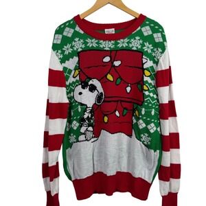Peanuts Snoopy Christmas Sweater Joe Cool XL Green Red White Striped Pullover